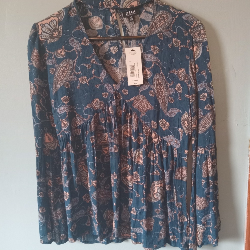 ANA choker bell sleeve deep v Neck blouse Blue with floral print SZ XS - NWT